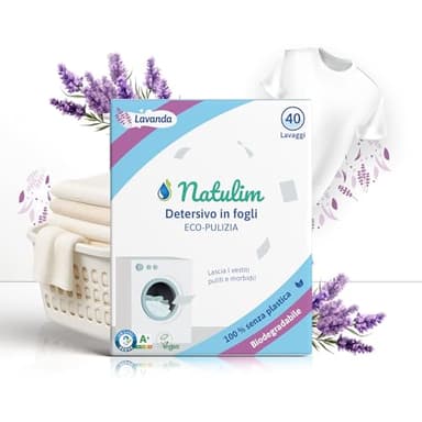 NATULIM - Detersivo in Fogli per Lavatrice - Detersivo Lavatrice Ecologico e Ipoallergenico - 40 Lavaggi - Fragranza Lavanda