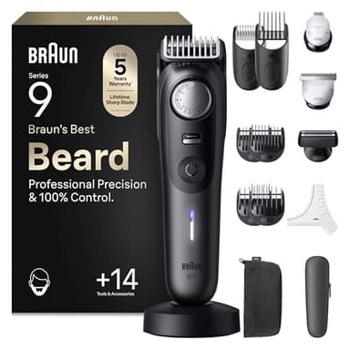 Braun Regolabarba Uomo Serie 9, +14 Strumenti Da Barbiere, Rasoio Elettrico Barba, Taglia Peli Naso, Lama ProBlade Affilata A Vita, 180 Min, Selettore Di Precisione, Impermeabile, BT9565, Titanio