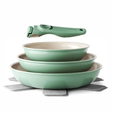 Redchef Set di Padelle con Manico Rimovibile, Padella in Ceramica con Antiaderente in Granito, Adatto All’Induzione, Padella 20, 24, 28 cm, Salvaspazio, Senza Ptfe & Pfoa & Pfas, Verde