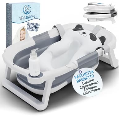 Vaschetta Bagnetto Neonato Pieghevole 0-3 Anni con Cuscino Antiscivolo Ergonomico - Vasca da Bagno Neonati Portatile e Compatta Facile da Pulire Bambini 0-3 Anni - Baby Bath Tub Sicuro | VALBABY