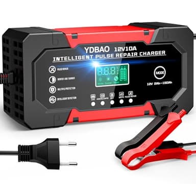 YDBAO Caricabatterie Auto 10A 12V Mantenitore Batteria Moto Intelligente Mantenitore di Carica Moto Auto con Schermo LCD Carica Batterie per Auto Moto AGM LifePO4