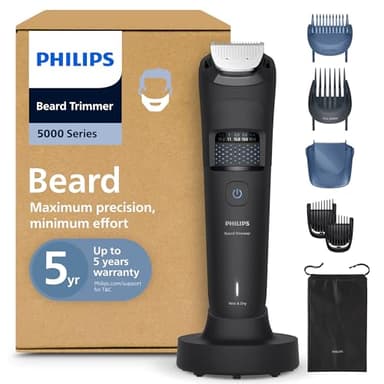 Regolabarba Philips serie 5000 - Lame in metallo autoaffilanti, 40 impostazioni di lunghezza, tecnologia BeardSense, raccoglitore peli, impermeabile, pettine sfumatura, custodia da viaggio, BT5785/30