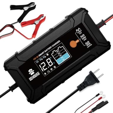 DCHOUSE Caricabatterie 12V 5A, Caricabatteria Intelligente per Batterie Litio 14.6V per Batterie LiFePO4 e Piombo Acido, per Batterie Auto, Camion, Moto, Tosaerba, Barca, Marine