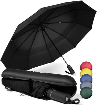 WLine Wind Ombrello Pieghevole Antivento da Pioggia con 10 Aste Rinforzate e Tela Idrorepellente 210T - Ombrello Portatile Resistente Apri e Chiudi Automatico, Diametro 104cm (Nero con Custodia)