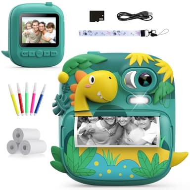 Macchina Fotografica Bambini Istantanea, CAMCLID 2,4 Pollici Fotocamera Bambini con 32GB Scheda, 12MP/1080P Fotocamera Digitale Dinosauro, Regali per Ragazzi Ragazze da 3-12 Anni (Verde)