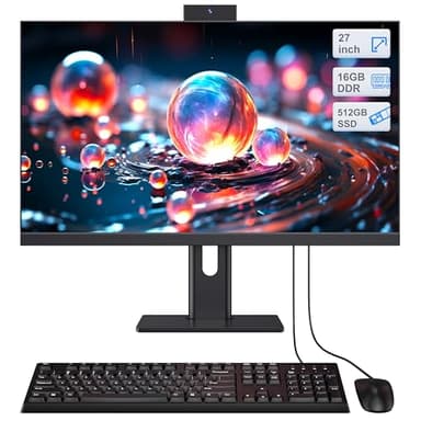 Computer desktop Computer all-in-one da 27" Quad-Core N95 (fino a 3,4Ghz) 512 Go SSD 16 Go RAM con webcam, PC all-in-one con supporto per regolazione dello schermo, WiFi6 dual-band Bluetooth 5.3, nero