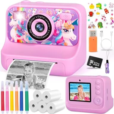 ZQEJEFD Macchina Fotografica Bambini Istantanea, Fotocamera Istantanea 2.4" 1080P Fotocamera Bambini con 32GB Schede e Carta da Stampa, Modalità Selfie e Video,Regali per Ragazzi Ragazze da 3-12 Anni