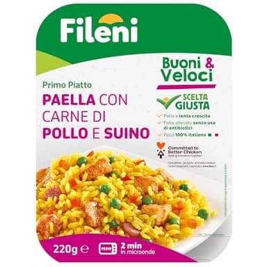 Fileni - Paella con Carne di Pollo e Suino 220 g - Buoni & Veloci - Carne 100% Italiana - Pollo Allevato Senza Uso di Antibiotici - 2 Porzioni
