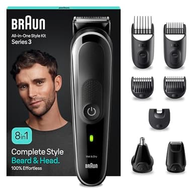 Braun REGOLABARBA STYLING KIT, Tagliacapelli Uomo, Rasoio Elettrico Barba e Capelli, 8-In-1 per Barba, Capelli, Naso e Orecchie, 80 Minuti Di Utilizzo Senza Fili, MGK3440