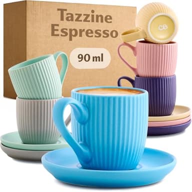 Cosumy Tazzine Caffe Espresso Moderne con Piattino - 6 Tazze 90ml con Manico - Unico disegno a righe - Ceramica Colorate Opaca - Lavabili in lavastoviglie