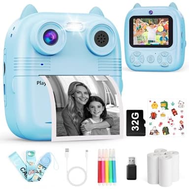 Macchina Fotografica Bambini Istantanea, 48MP e 1080FHD Dual-Camera Obiettivo Fotocamera Digitale con 4 Rulli di Carta da Stampa 2,4 Pollici IPS Schermo di Protezione Oculare 32GB Scheda (Blu)
