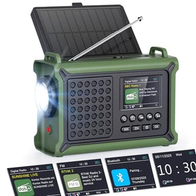 ROCAM Radio DAB Portatile con Bluetooth, Radio a Manovella 12000mAh con Pannello Solare e Dinamo, Radio Digitale DAB+/FM con Display a Colori 2,4", 80 Stazioni, Torcia LED,USB, SOS, IPX6 per Campeggio