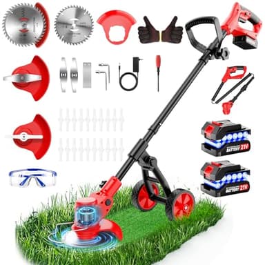 4 in 1 Decespugliatore a Batteria, 21V Tagliaerba a Batteria con 2 Batterie da 2.0AH,Tagliaerba Elettrico con Ruote Rimovibili,4 Tipi di Lamelle per Taglio Di Giardini, Prati,Arbusti