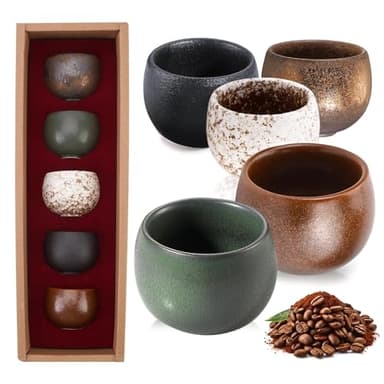 XUXLEKK Set di Tazze da Caffè Espresso, 5 Pezzi Set di Tazze da Espresso, 50ml Piccole Tazzes da Tè, Ceramica Tazzine Caffe Particolari, Tazzine Espressos Senza Manico per Espressos, Moka, Tè, Regalo