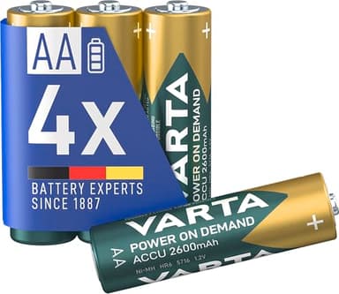 VARTA Batterie ricaricabili AARechargeable Ready2Use precaricata Mignon Ni-Mh (pacco da 4, 2600mAh), ricaricabile senza effetto Memory - pronta all'uso